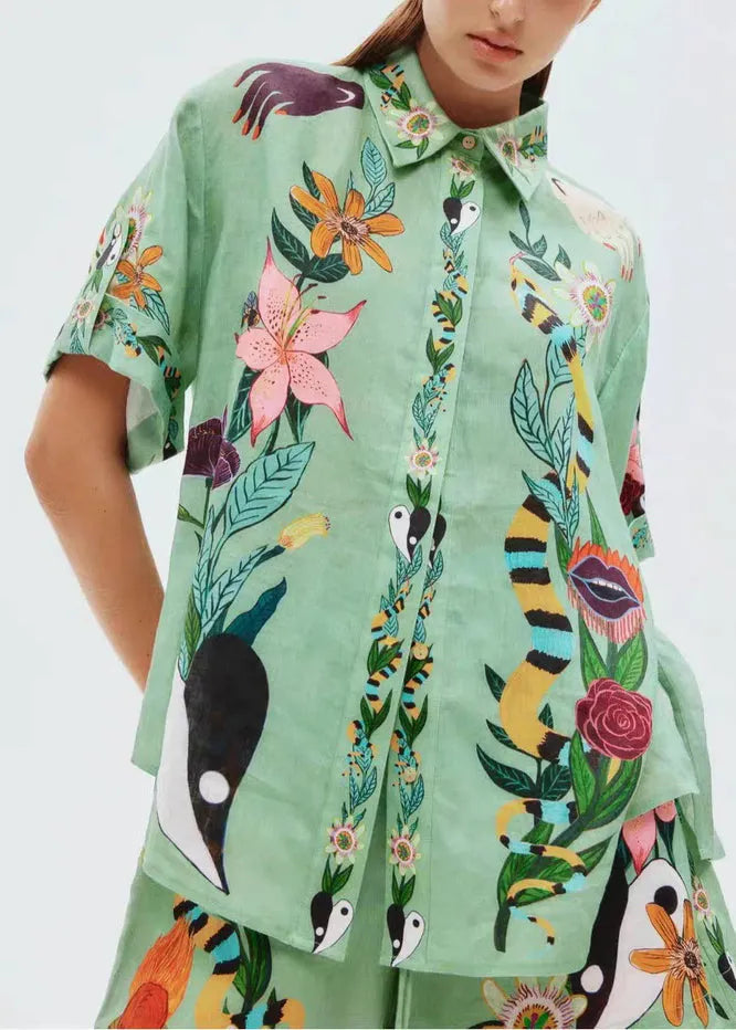 Green Print Elastic Waist Shirts and Shorts Linen Two Piece Set Summer