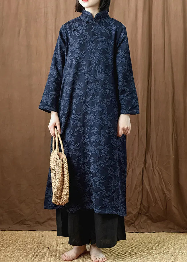 Jacquard Navy Button Pockets Cotton Dress Long Sleeve