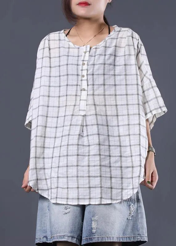 White Plaid Linen Tunic Cotton O Neck Summer Shirt
