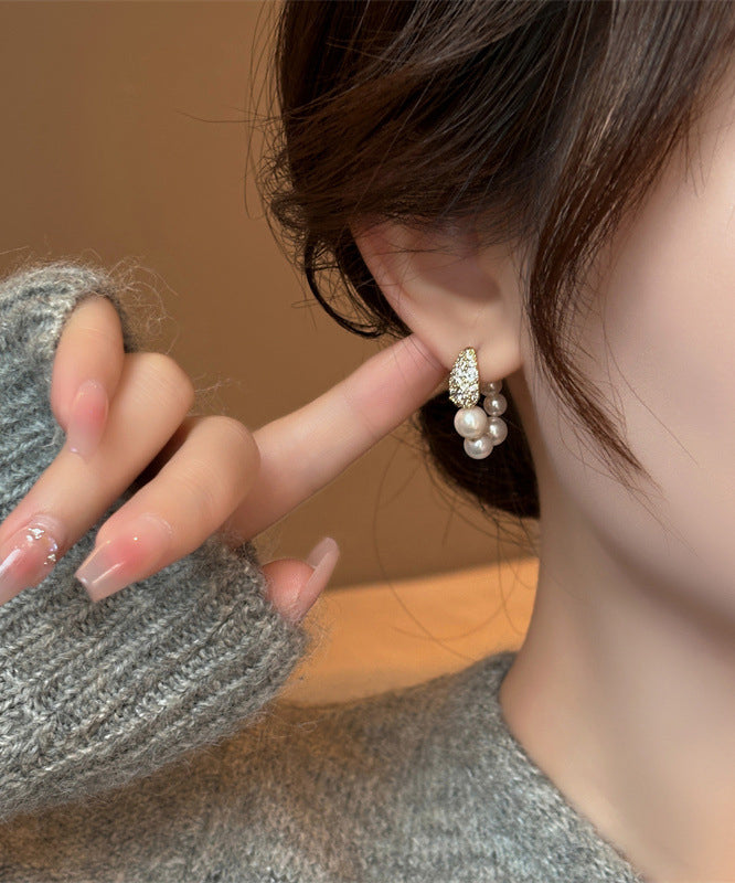 Gold Copper Alloy Zircon Pearl Hoop Earrings