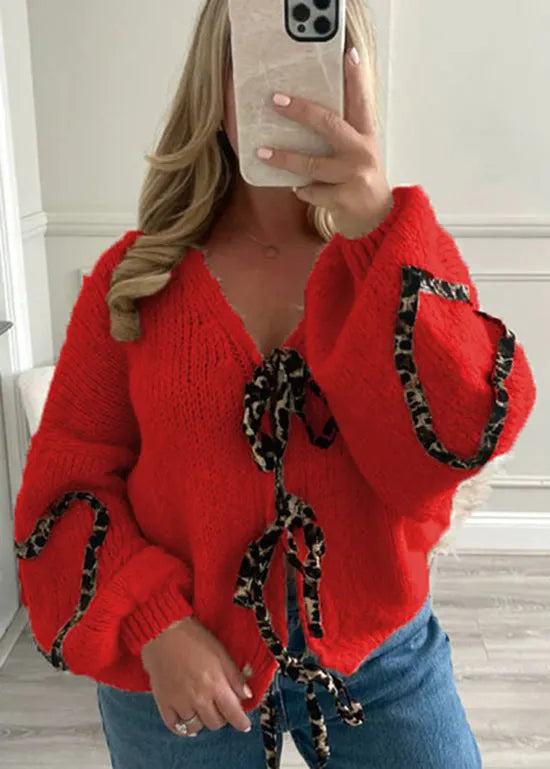 Stylish Khaki V Neck Lace Up Knit Cardigans Spring