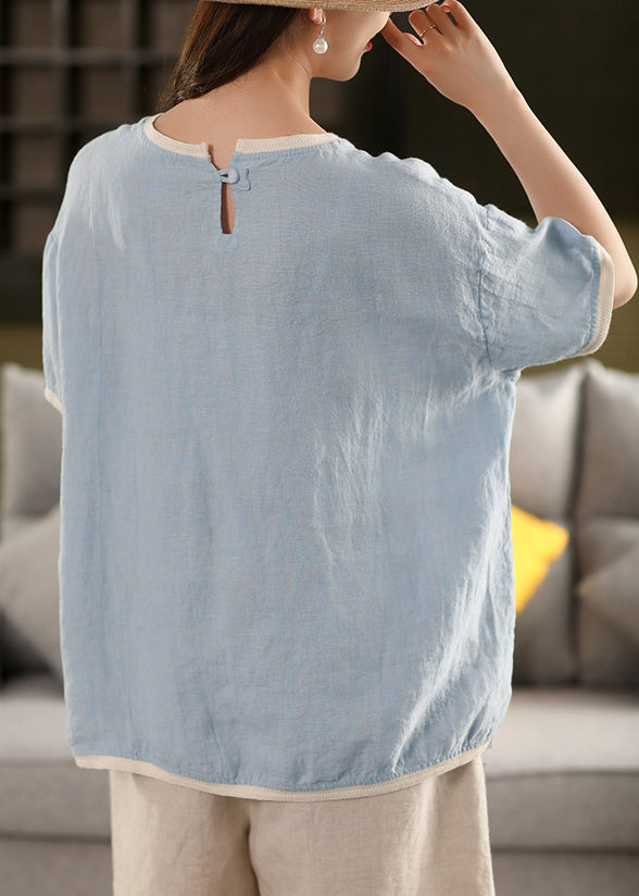 Watermelon Red Button Patchwork Linen Summer T Shirt O Neck