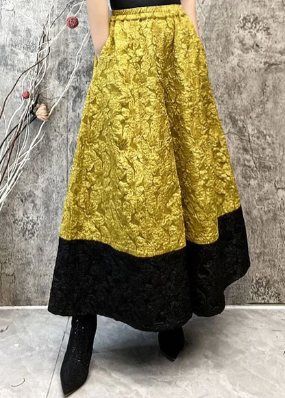 Yellow Pockets Jacquard Patchwork Silk Wide Leg Pants Spring