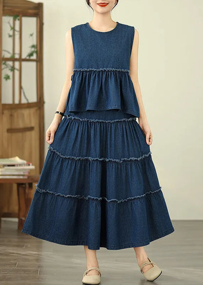 Loose Navy Ruffled Patchwork Denim Top and Maxi Skirts Two Piece Set Sleeveless