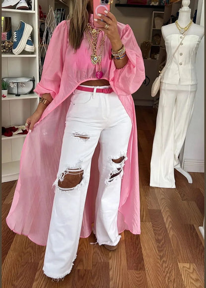 New Pink Puff Sleeve Asymmetrical Low High Design Cotton Shirts Dresses