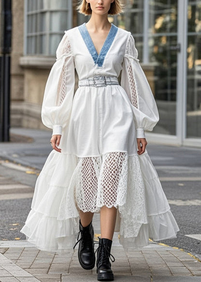 White Cinched Patchwork Hollow Out Cotton Dress Spring