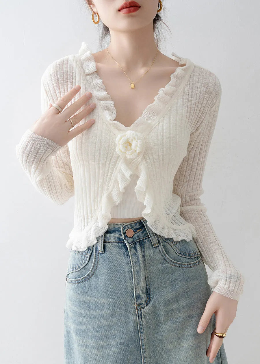 French Black V Neck Ruffled Knit Cardigan Spring