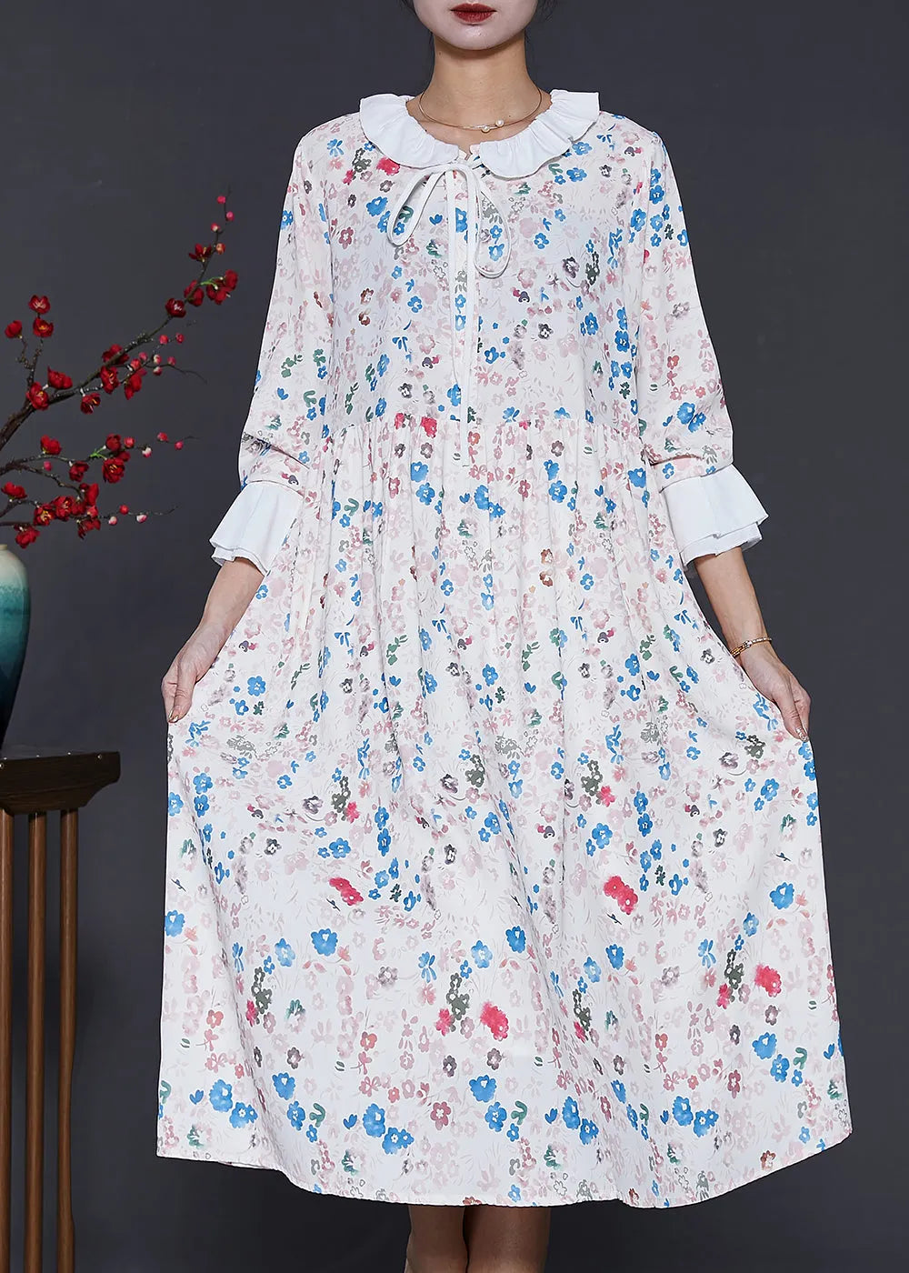 Apricot Peter Pan Collar Print Cotton Dresses Spring