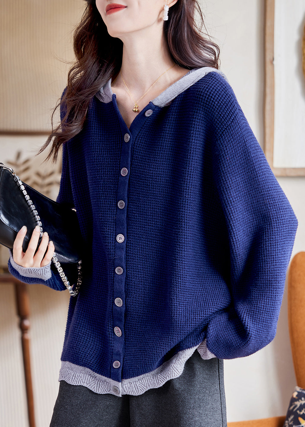 Blue Patchwork Button Cotton Hooded Knit Cardigan Fall