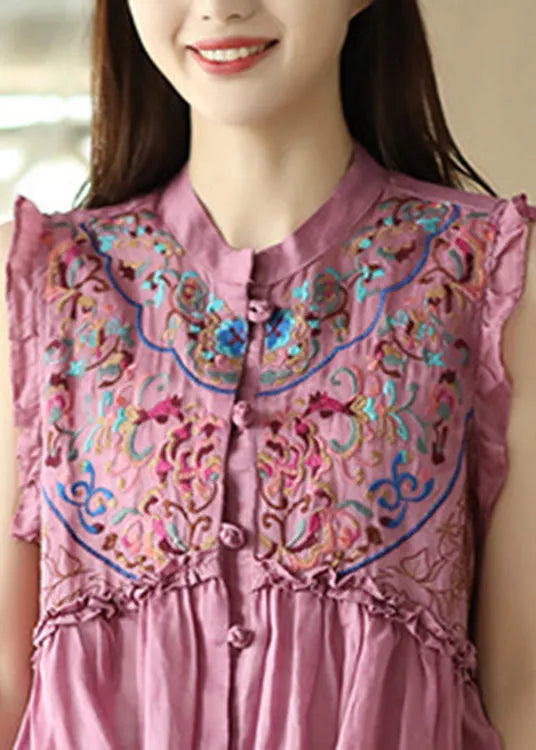 Art Pink Embroidered Ramie Shirts Sleeveless
