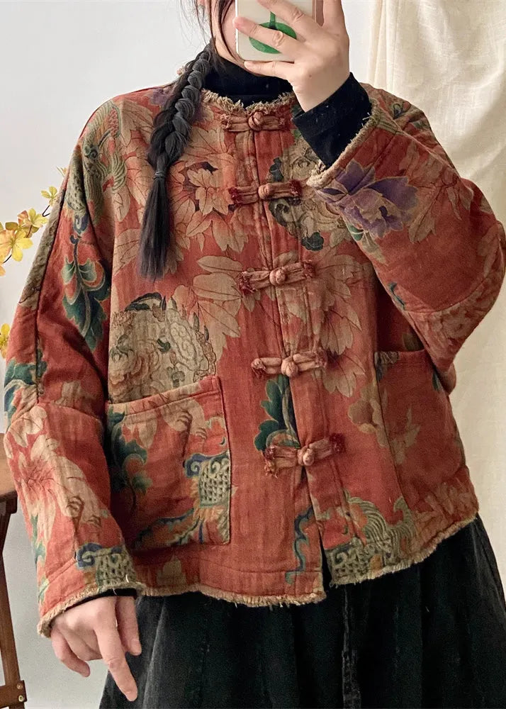 Orange Print Pockets Chinese Button Patchwork Cotton Coat Fall
