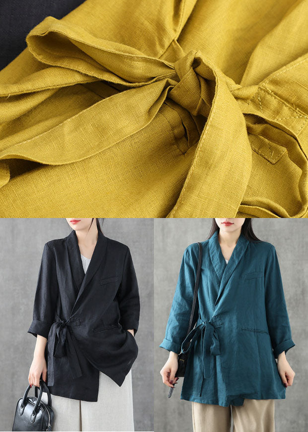 Black Asymmetrical Design Pockets Linen Coats Long Sleeve