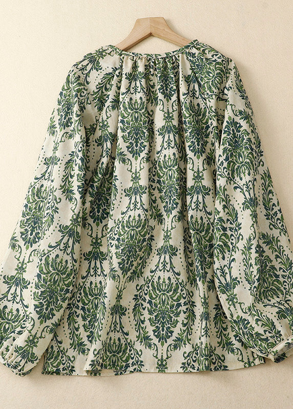 Organic Green O-neck Print Chiffon Top Summer