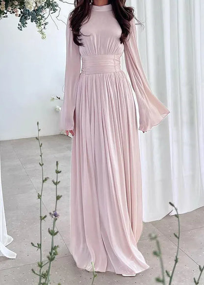 French Light Blue Wrinkled Patchwork Silk Long Dresses Spring