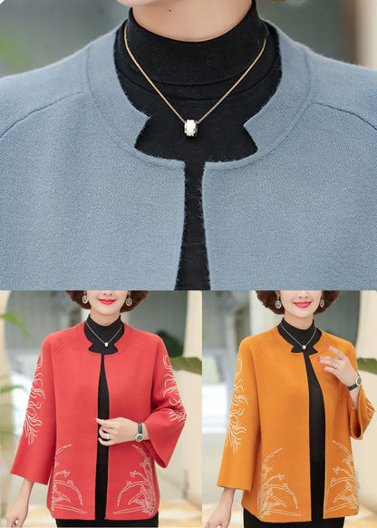 Red Print Woolen Cardigans O-neck Oversized Nail Bead Long Sleeve