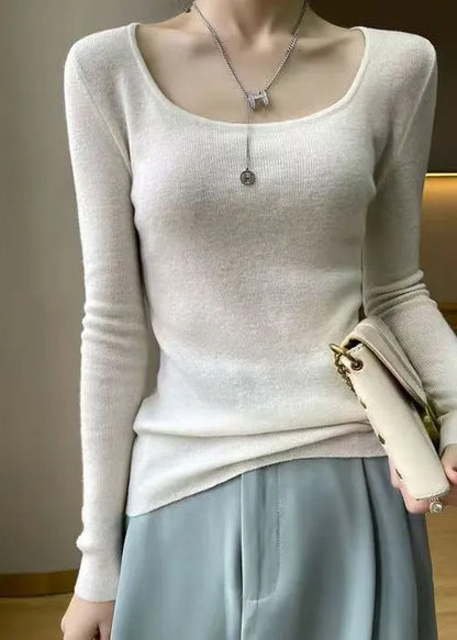 Slim Fit Light Camel O Neck Wool Knit Top Fall