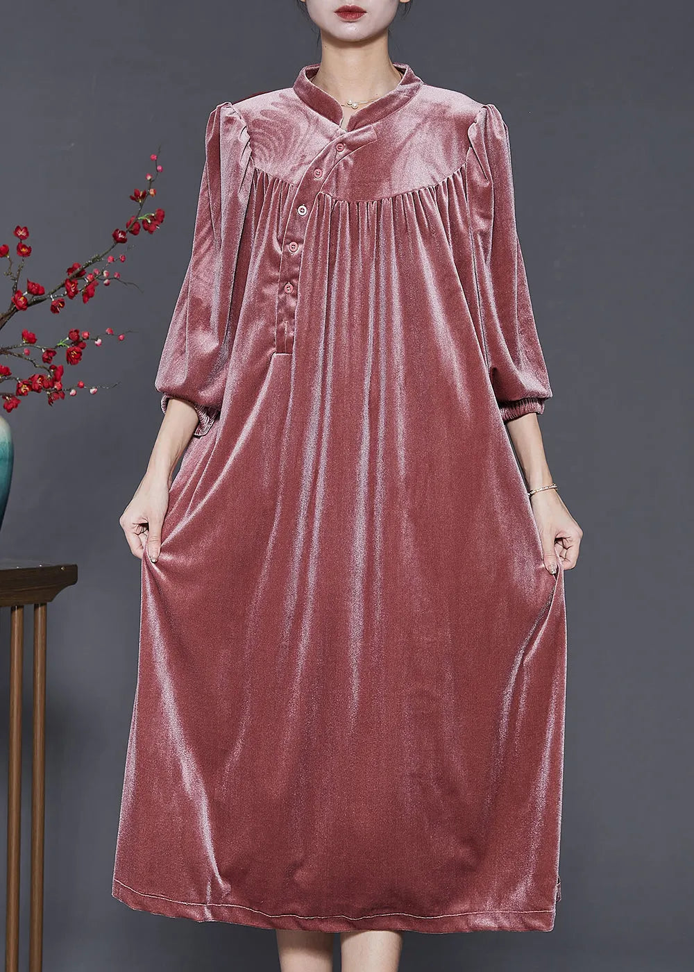 Diy Brick Red Stand Collar Oversized Silk Velvet Dress Spring