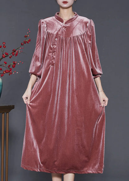 Diy Brick Red Stand Collar Oversized Silk Velvet Dress Spring
