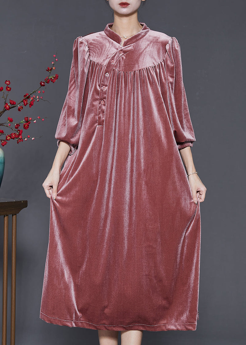 Diy Brick Red Stand Collar Oversized Silk Velvet Dress Spring