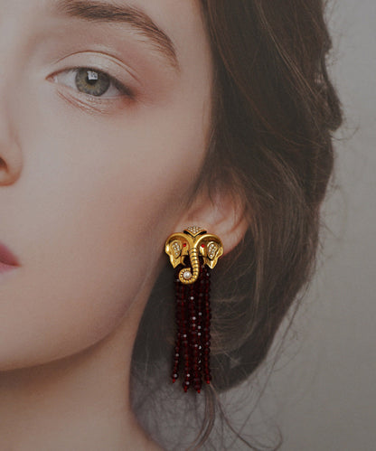 Red Copper 14k Gold Elephant Pearl Tassel Drop Earrings