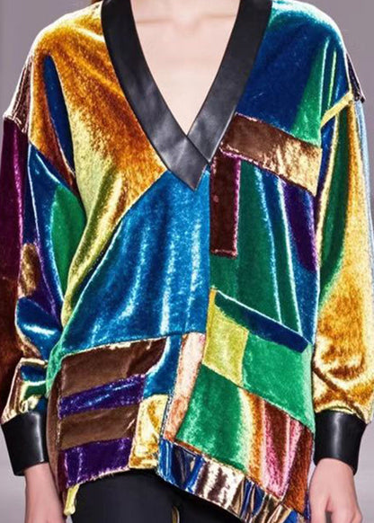 Multicolour Asymmetrical Patchwork Silk Velour Shirts Fall