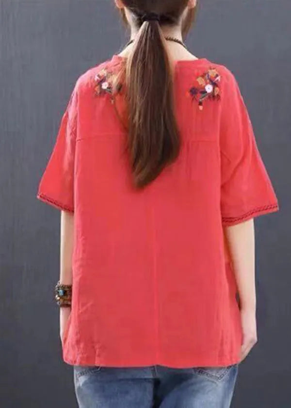 Handmade Red O-neck Embroidered Linen Tank Tops Short Sleeve