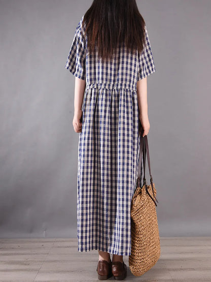 Summer Plaid Strap Linen Cotton Dress