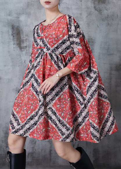 Red Oversized Print Cotton Mid Dresses Summer