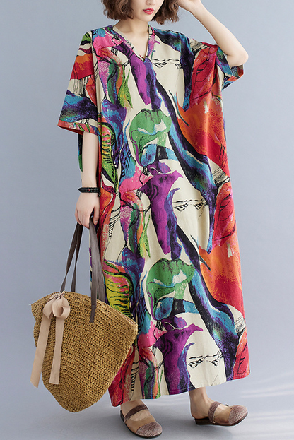 Cotton Linen V-neck Loose Long Dress Short Sleeve Printed Dress