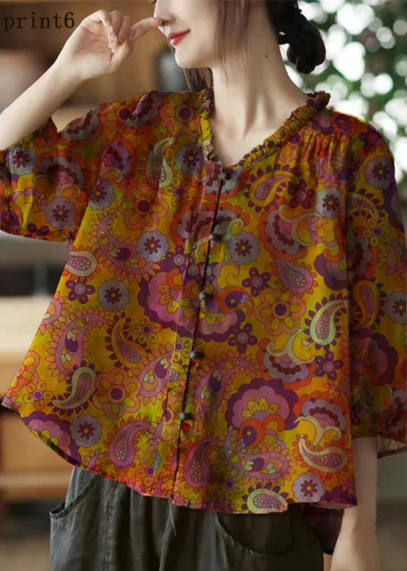 Pink-print4 V Neck Ruffled Print Linen Blouse Top Half Sleeve