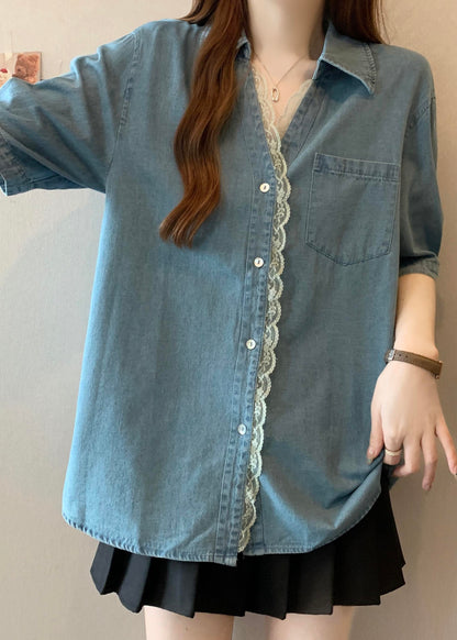 Blue Oversized Lace Patchwork Denim Shirts Summer