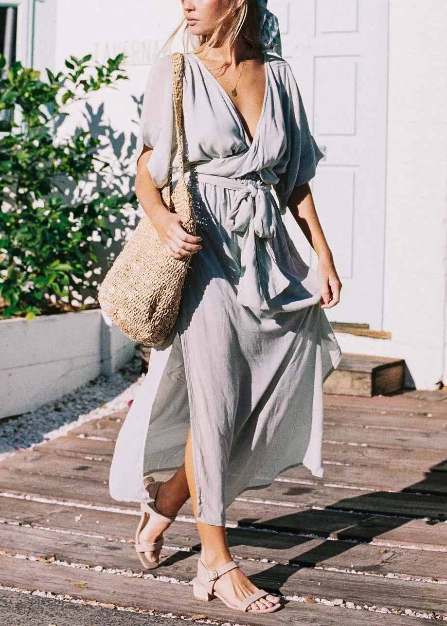 Organic White V Neck Lace Up Side Open Cotton Dresses Summer