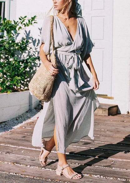 Organic White V Neck Lace Up Side Open Cotton Dresses Summer