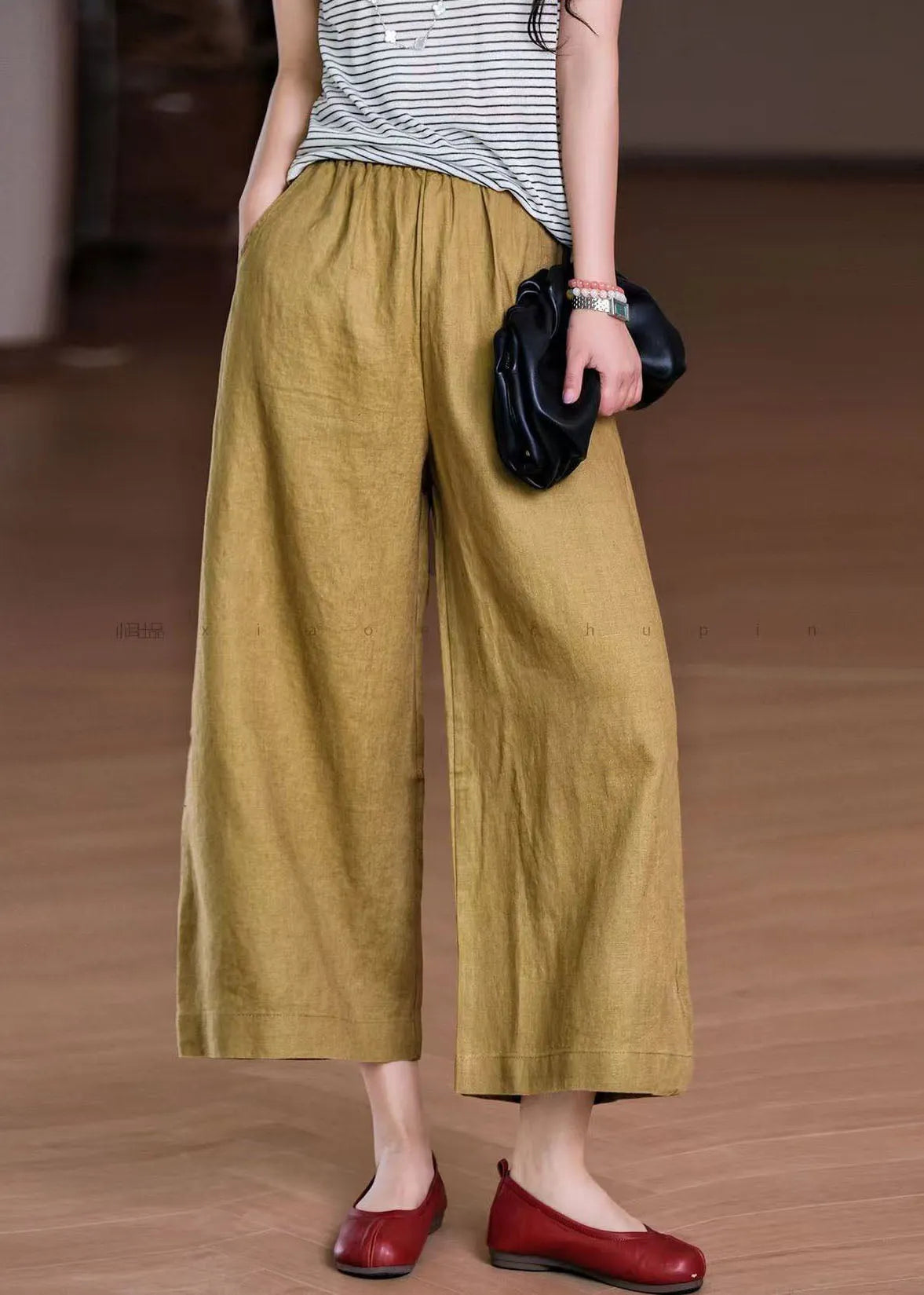 White Elastic Waist Pockets Linen Wide Leg Pants Summer