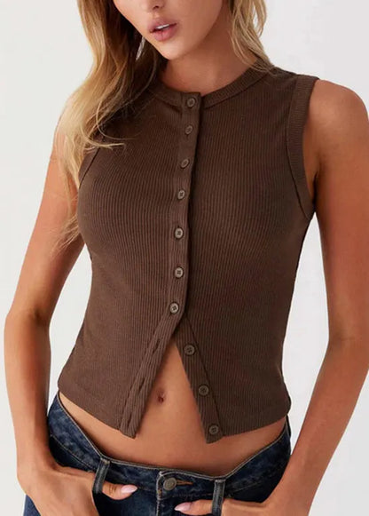 French Grey O Neck Button Knit Vest Top Sleeveless