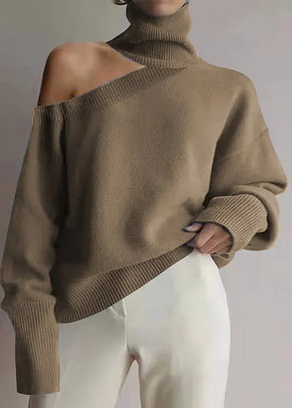 Khaki Hign Neck Cold Shoulder Knit Sweater Fall