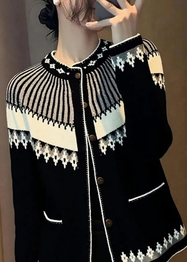 Italian Jacquard Black Stand Collar Button Cotton Knit Cardigans Fall