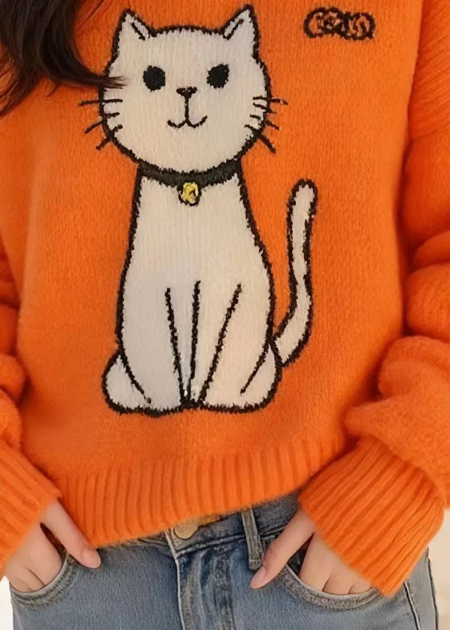 Orange Peter Pan Collar Cats Knitted Sweater Tops Fall