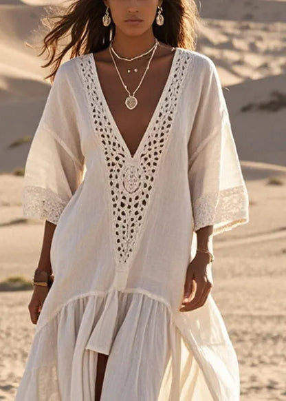 White Oversized Lace Patchwork Cotton Long Dresses Summer
