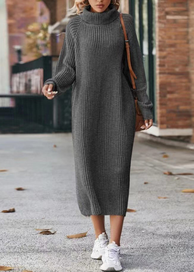 Beige Hign Neck Long Knit Dress Winter