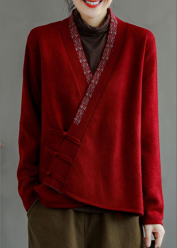 Blue Button V Neck Embroidered Woolen Coats Long Sleeve