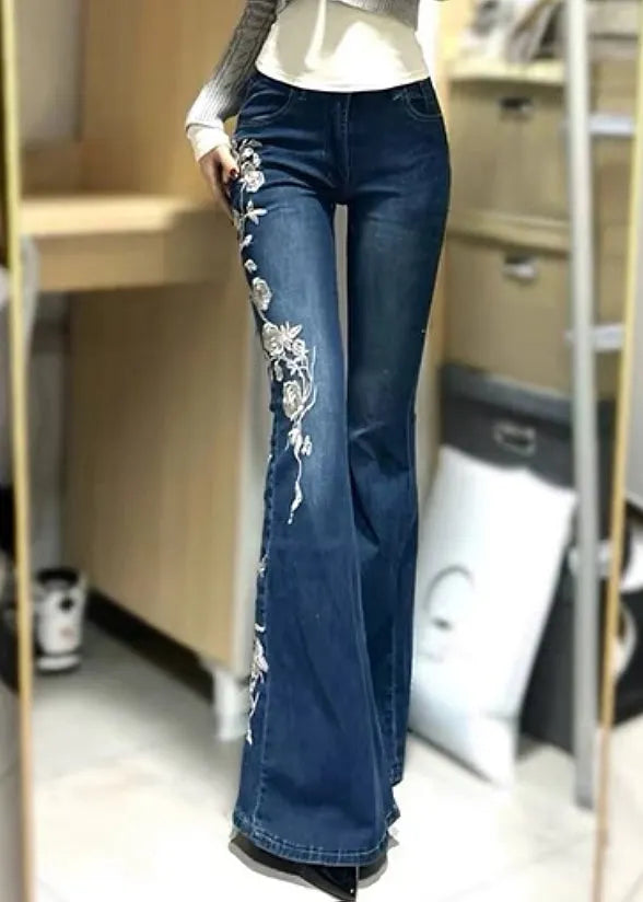 Blue Embroidered Pockets Denim Flared Trousers Spring