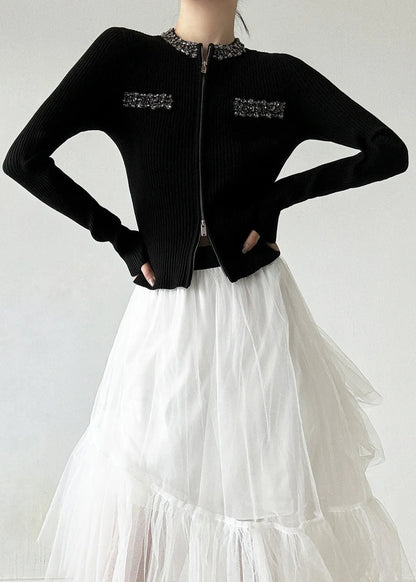 Stylish Black O-neck Zip Up Zircon Wool Cardigans Spring