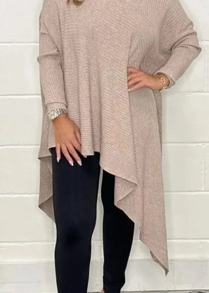 Unique Khaki Hign Neck Asymmetrical Knit Top Fall