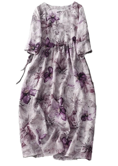 Purple O Neck Print Lace Up Cotton Dress Half Sleeve