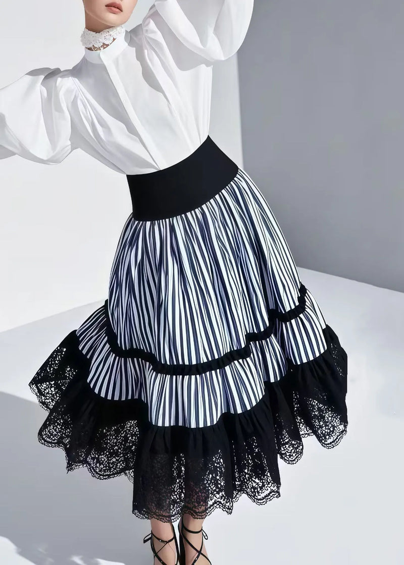 Blue Striped Patchwork Lace Skirt Summer