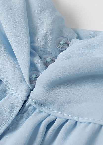 Sky Blue Button Wrinkled Chiffon Mini Dress Batwing Sleeve