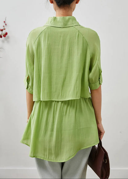 Green Cinched Silm Fit Cotton Blouse Top Summer