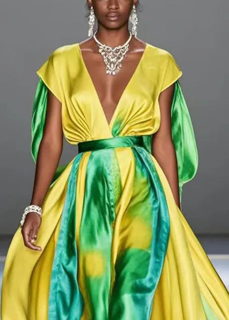 Yellow Cinched Tie Dye Silk Long Dresses Summer