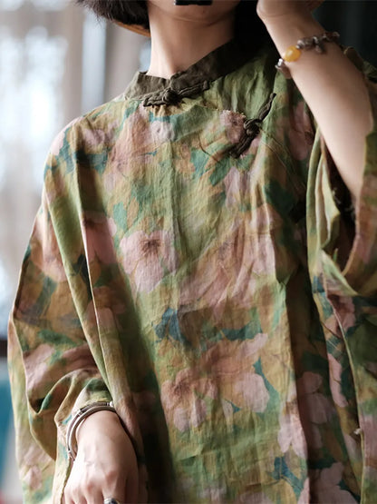 Autumn Flower Stand Collar Ramie Blouse